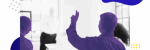 stylized image of man raising his hand in a seminar to ask a question